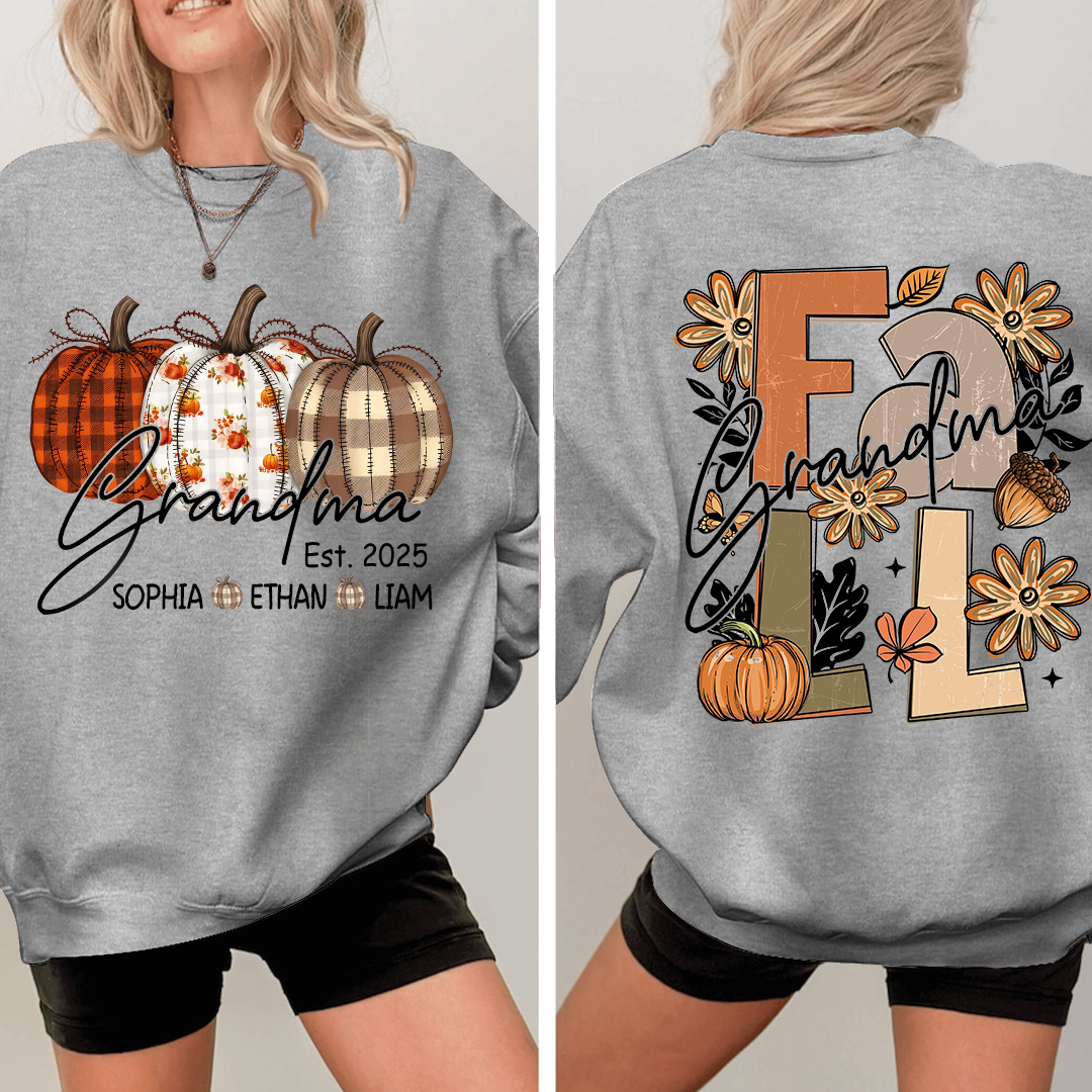 Grandma Autumn Sweatshirt, Pumpkin Floral Shirt with Custom Grandkids Names
