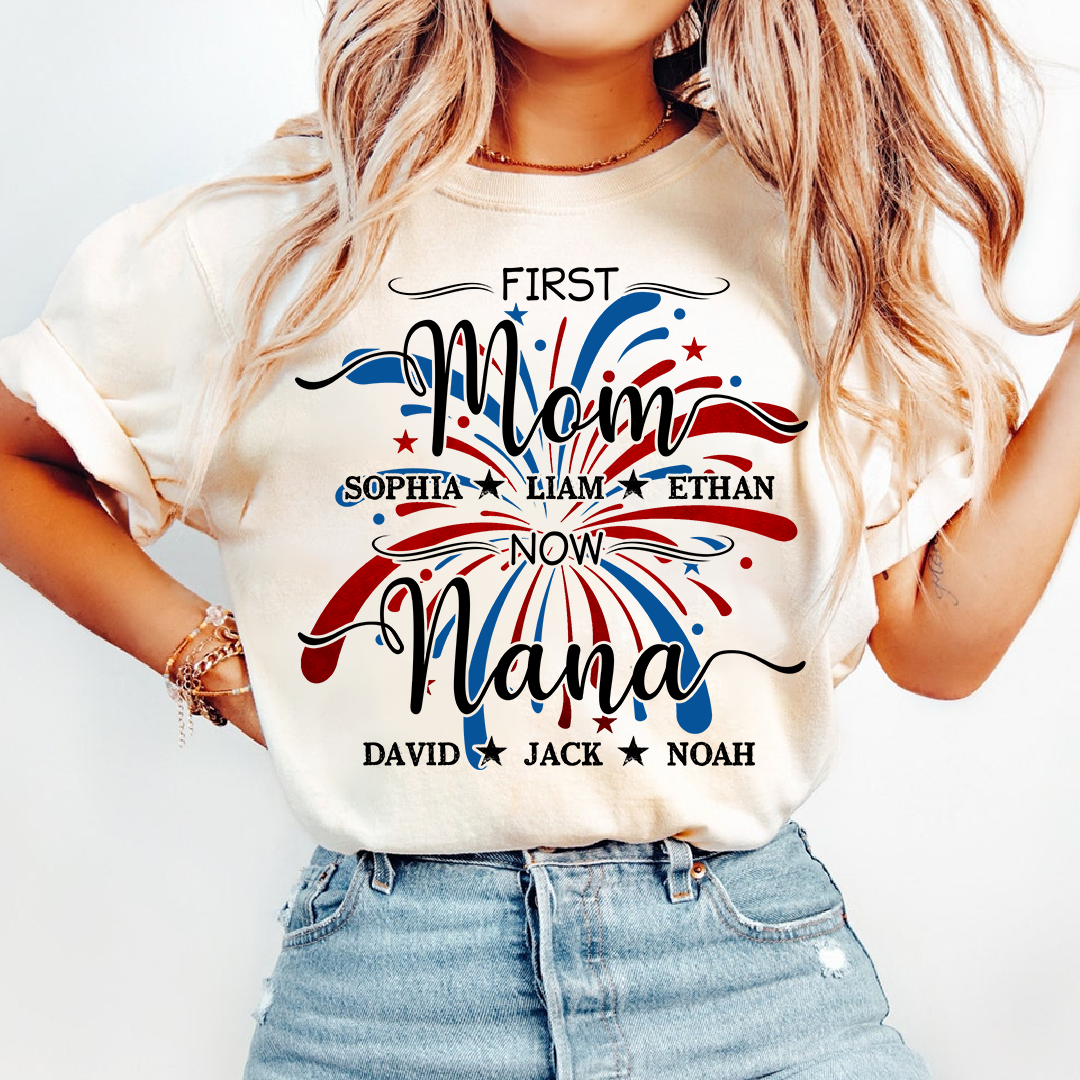 Custom Printed T-shirts Featuring American Fireworks For First Mom, Now Grandma, Patriotic T-shirts With Personalized Family Names For Grandma And Her Grandchildren