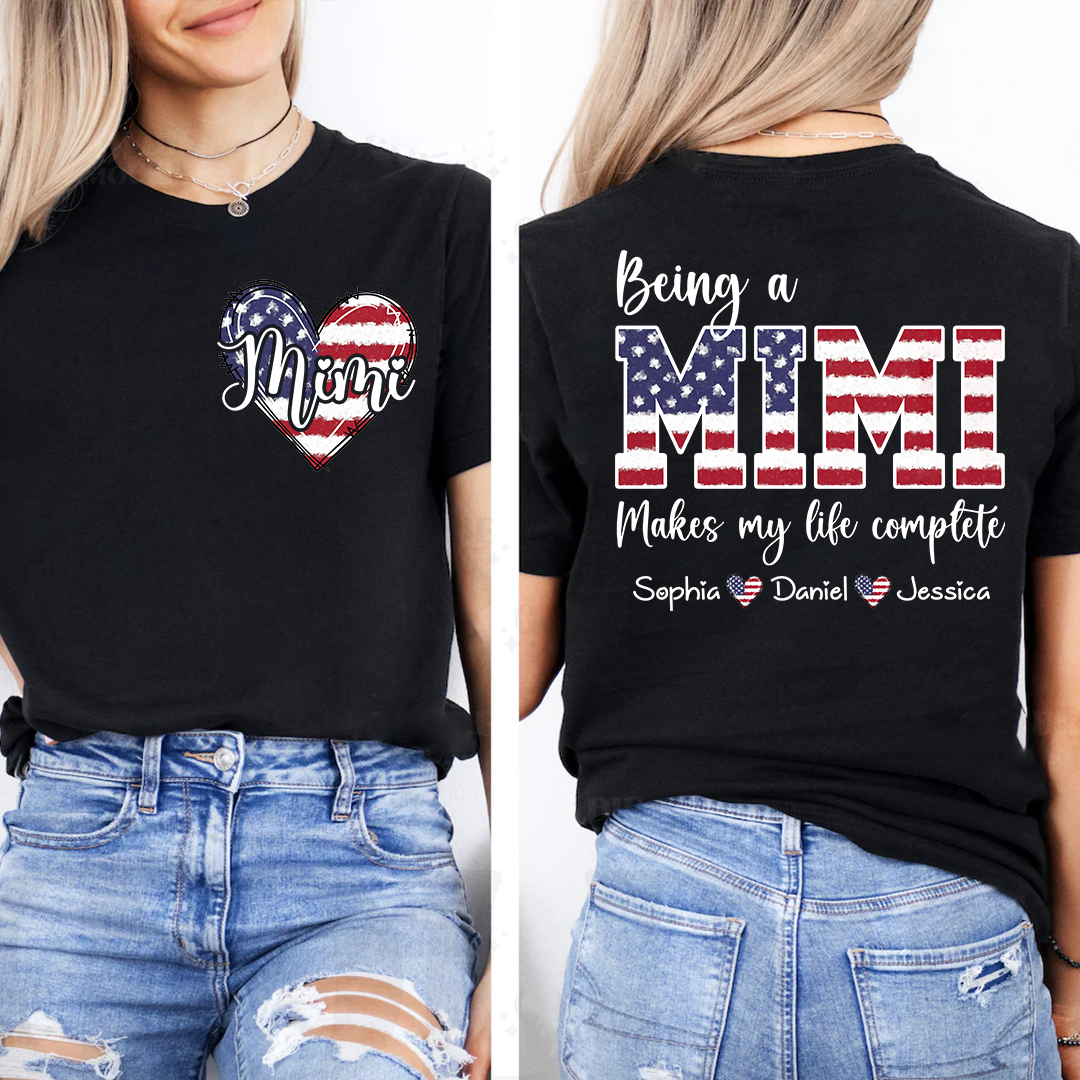 Mimi American Flag Heart Shirt, Personalized Grandma T-Shirt with Children’s Names, Gift for Mom or Nana