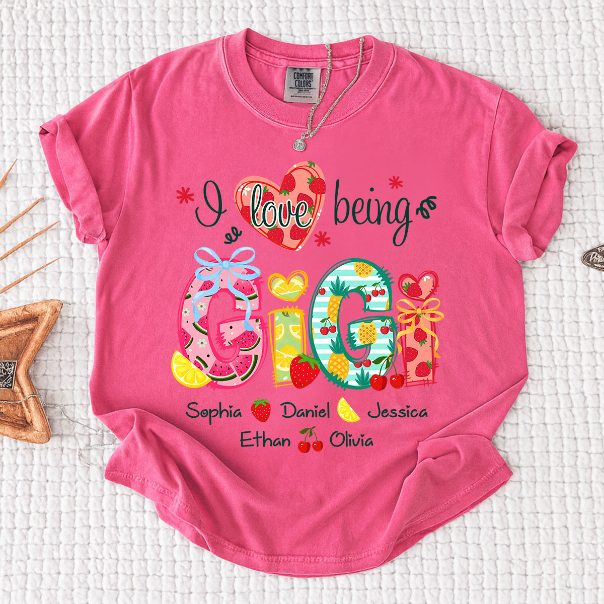 Comfort Colors I Love Being Gigi Shirt with Names, Personalized Fruit Pattern T-Shirt for Grandma, Summer Family Apparel