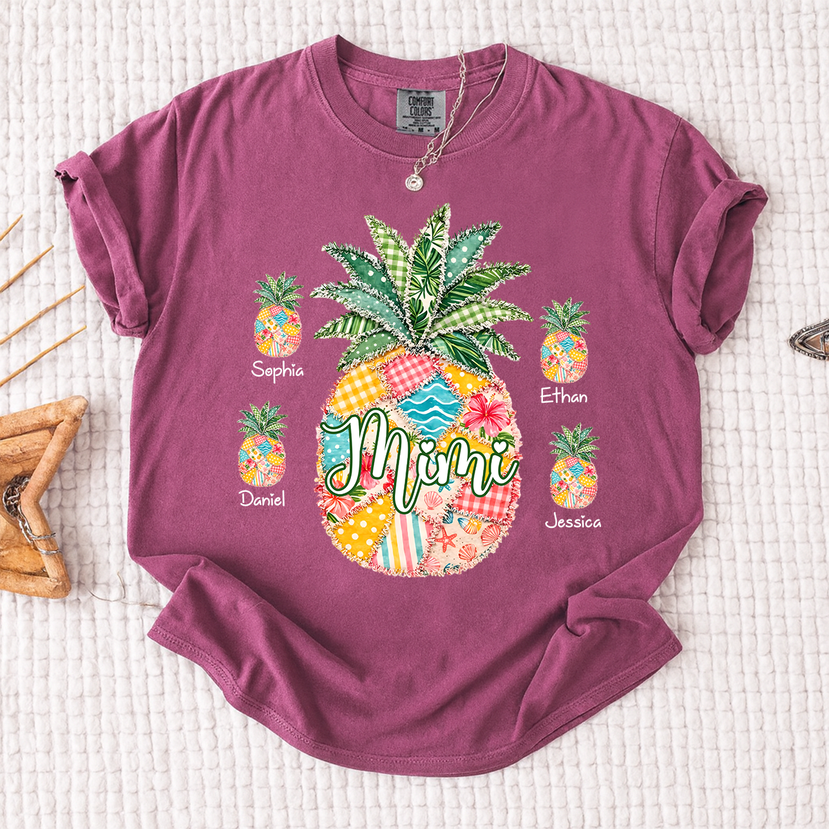 Comfort Colors Personalized Mimi Pineapple Shirt with Grandkids Names, Custom Grandma Tropical T Shirt for Women, Summer Beach Family Gift