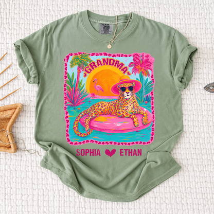 Comfort Colors® Custom Grandma Preppy Summer Gift Shirt, Gift For Grandma And Kids, Girly Beach Tee Retro Leopard Shirt Design Cute Summer Colorful Summe