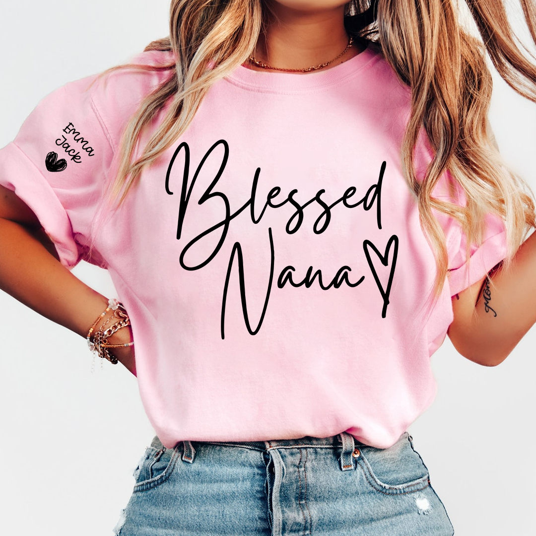 Blessed Nana Personalized T-Shirt, Custom Family Names Tee with Heart Design