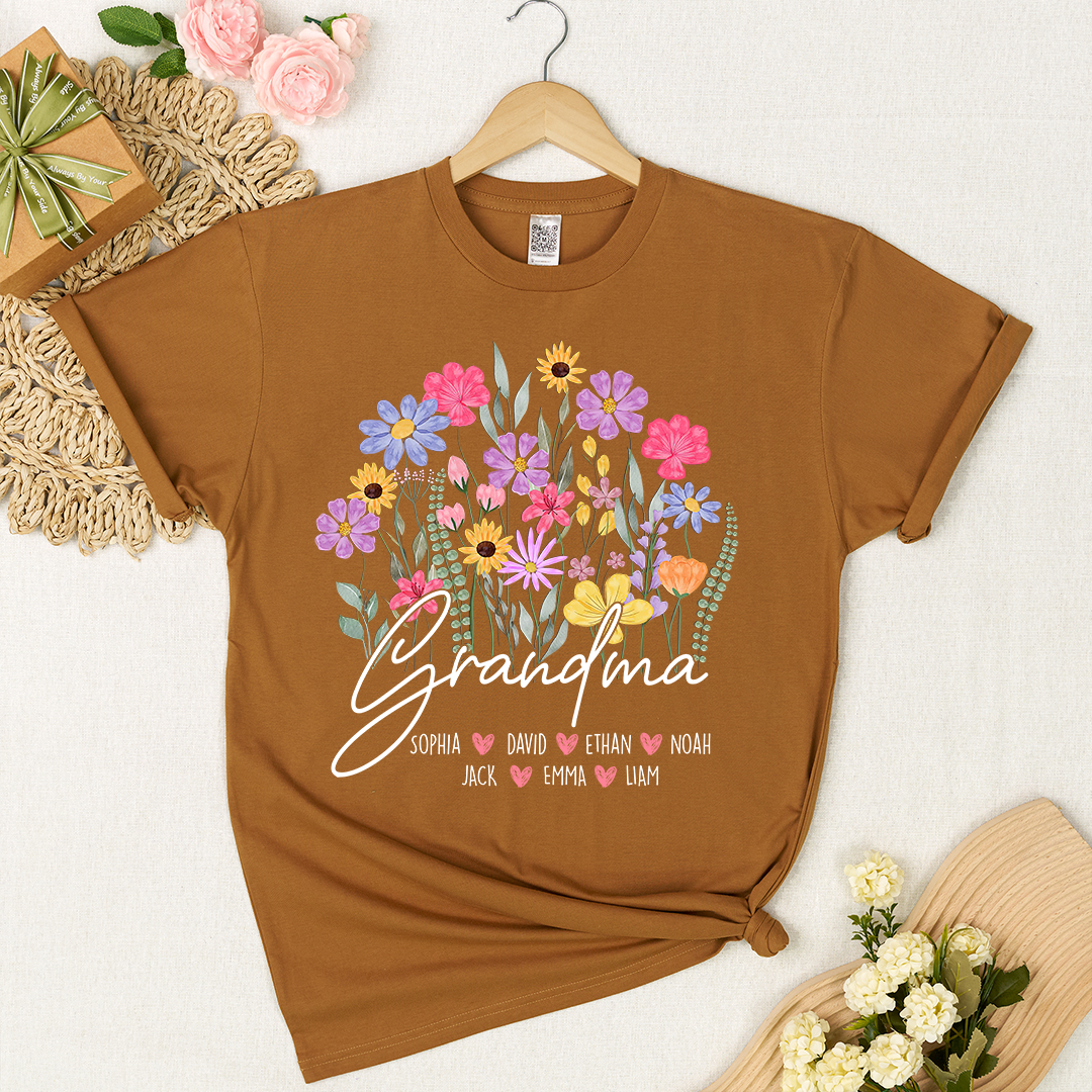 Personalized Grandma Floral Shirt, Custom Family Names T-Shirt with Wildflower Design