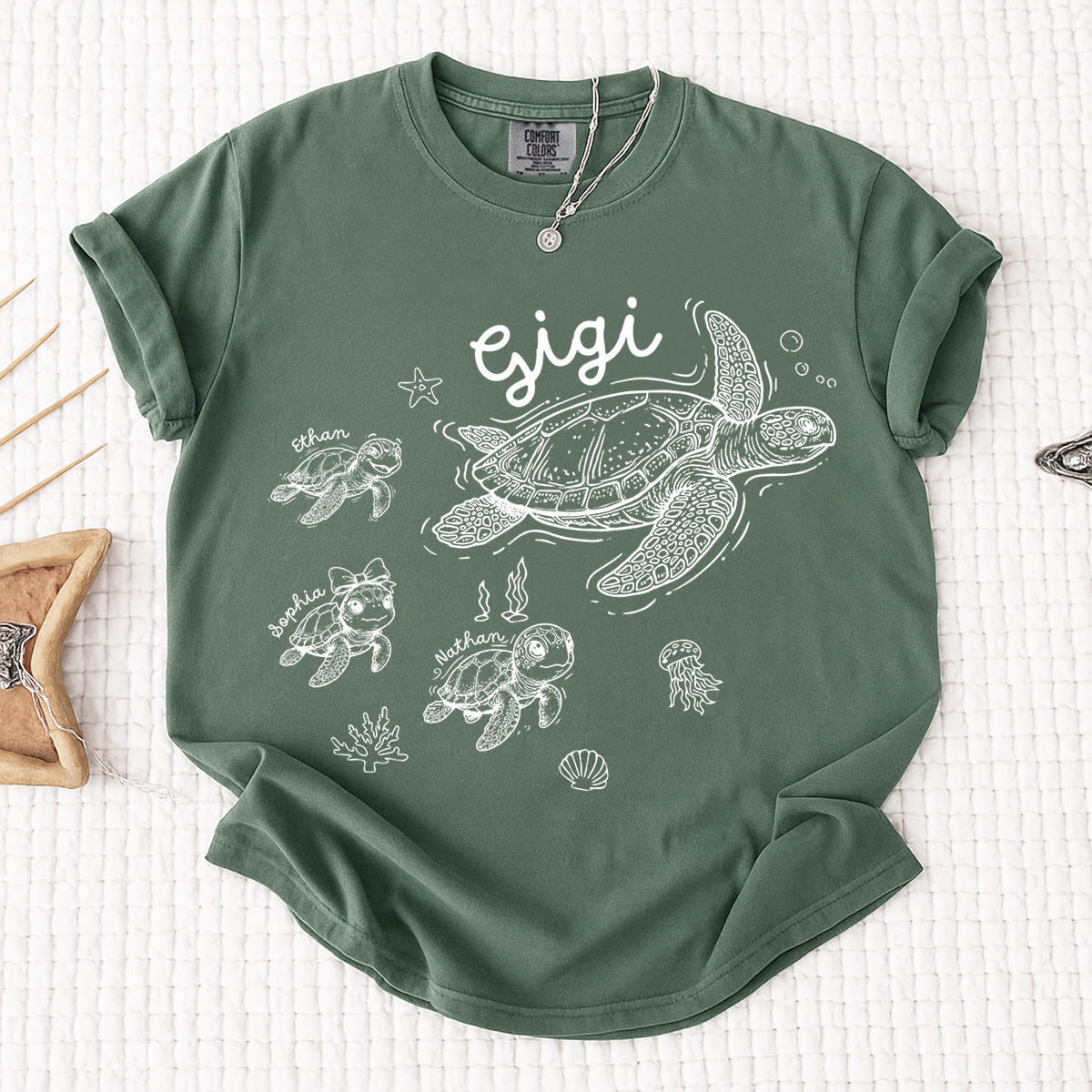 Comfort Colors® Custom Gigi Shirt Featuring Turtle Mom and Baby Names, Unique Grandma Gift Shirt for Women