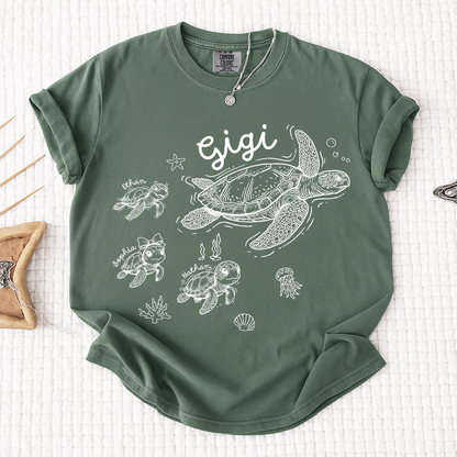 Comfort Colors® Custom Gigi Shirt Featuring Turtle Mom and Baby Names, Unique Grandma Gift Shirt for Women
