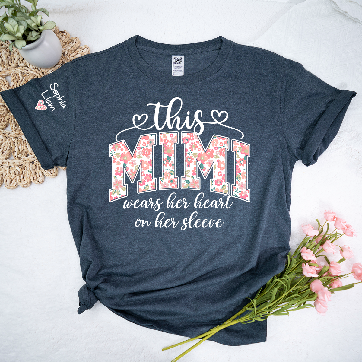 This Mimi Wears Her Heart On Her Sleeve Shirt, Personalized Mimi Shirt with Kids Names on Sleeve, Custom Grandma Gift