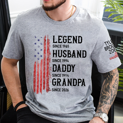 Personalized American Flag Printed T-Shirt For Husband, Father, Grandfather, With Custom Names Of Grandchildren