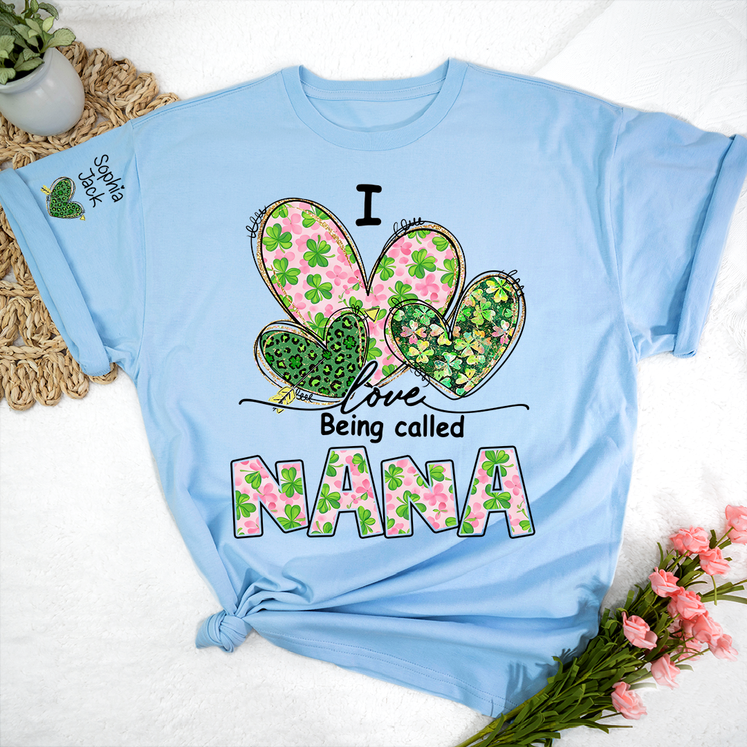 I Love Being Called Nana Shirt, St Patrick’s Day Floral Heart Family T Shirt, Gift For Grandma And Kids