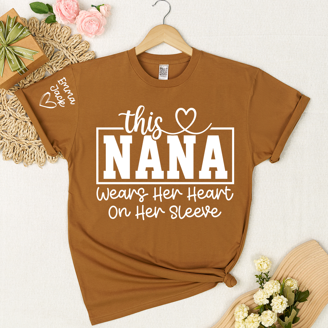 This Grandma Wears Her Heart on Her Sleeve Shirt, Personalized Grandkids Names Family T Shirt