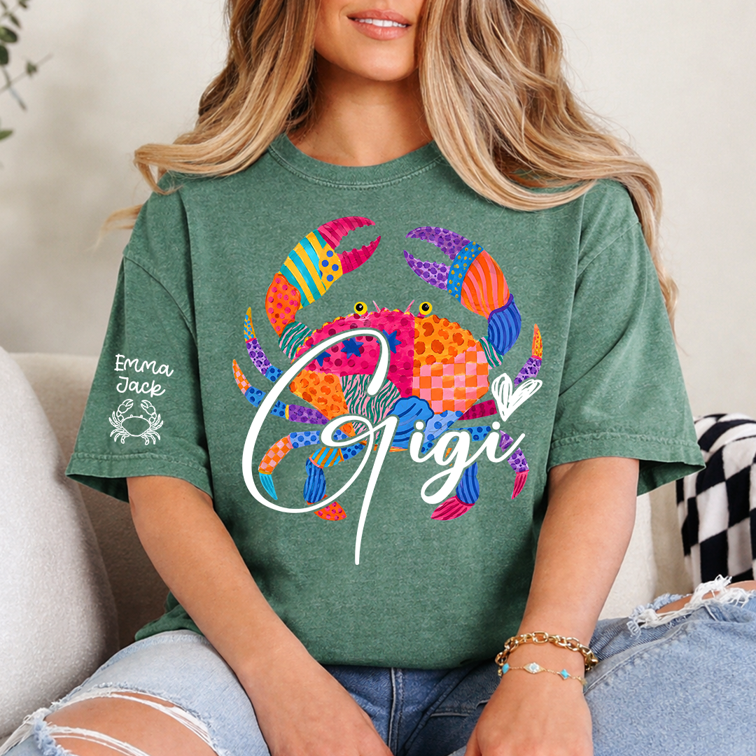 Personalized Coastal Grandma Shirt, Custom Grandkids Names Tee, Colorful Crab Beach Design, Gift for Grandma from Family
