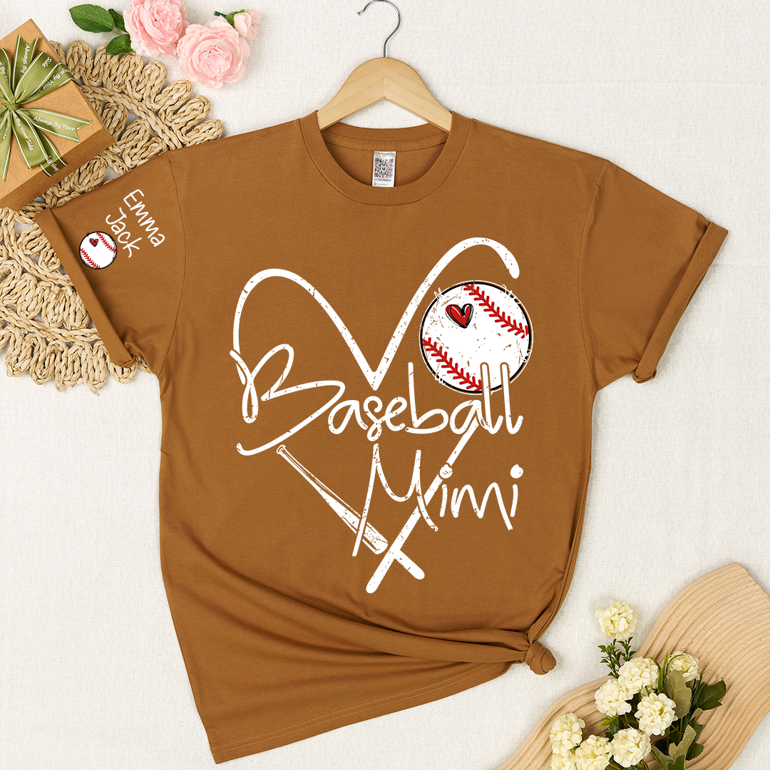 Baseball Mimi Shirt Personalized with Grandkids Names, Heart and Bat Sports Family T Shirt