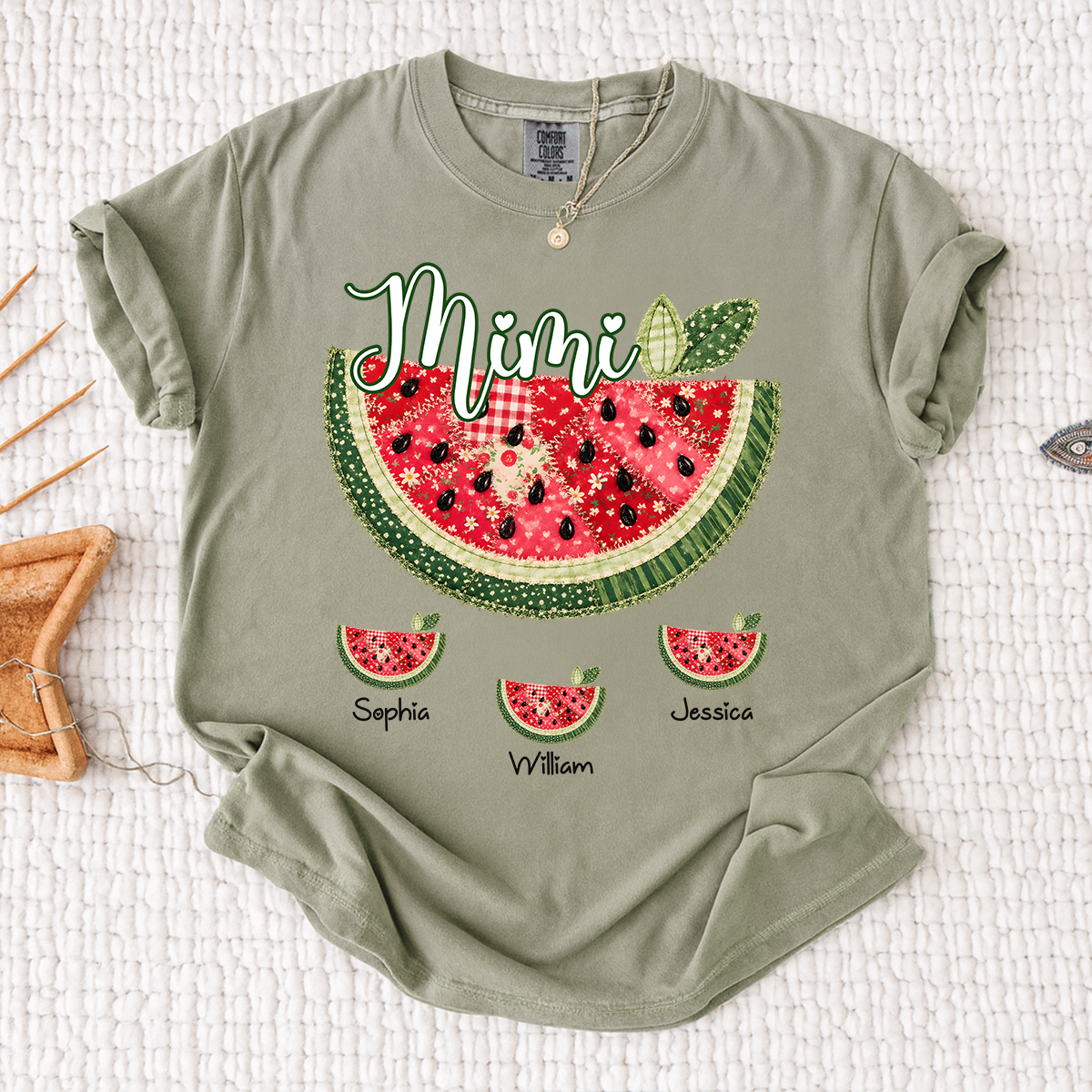 Comfort Colors Custom Mimi Watermelon Patchwork Tee, Personalized Grandma Shirt with Kids Names, Summer Vacation Family Gift for Women