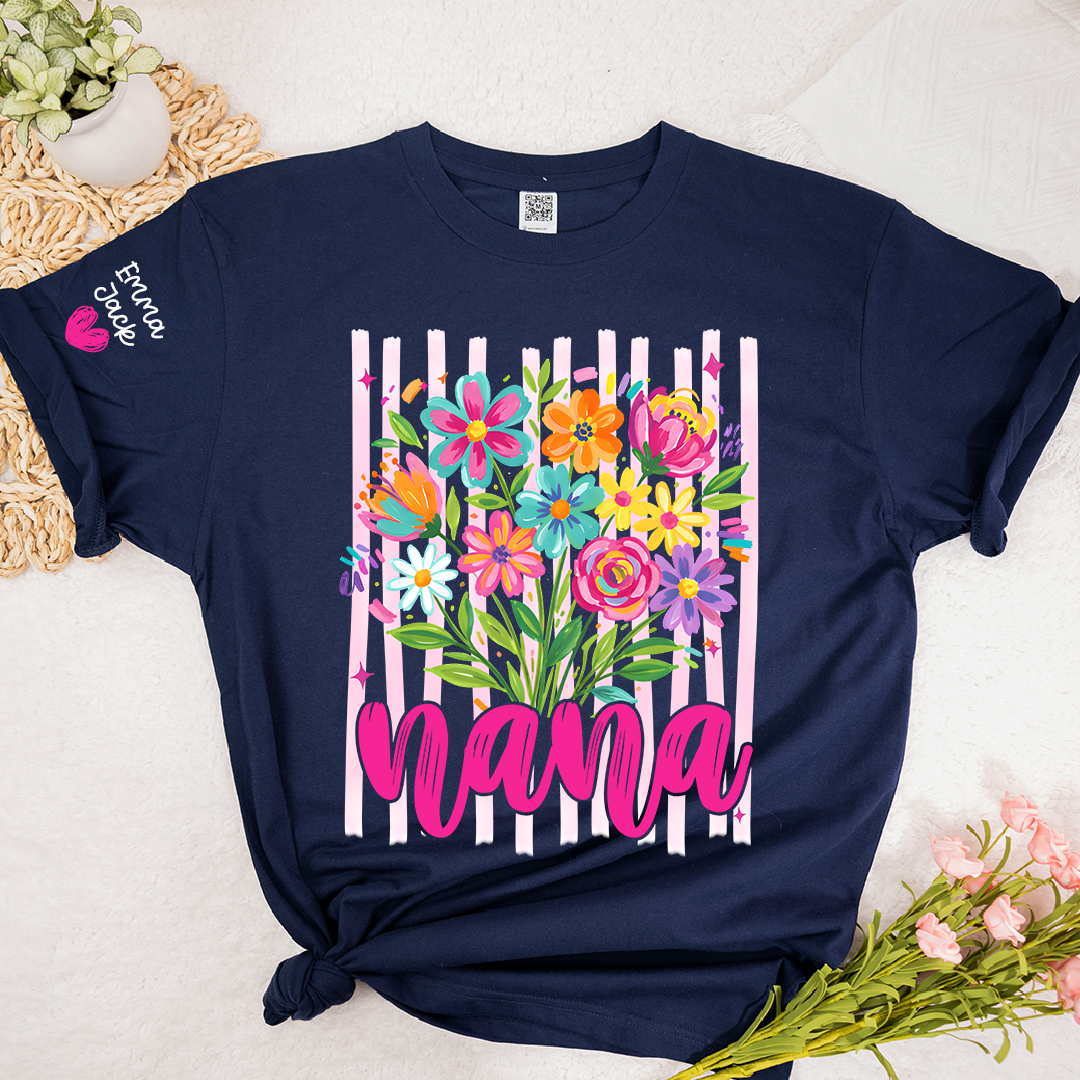Custom Striped Wildflowers Nana T-Shirt, Trendy Ditsy Floral Gift for Grandma And Kids