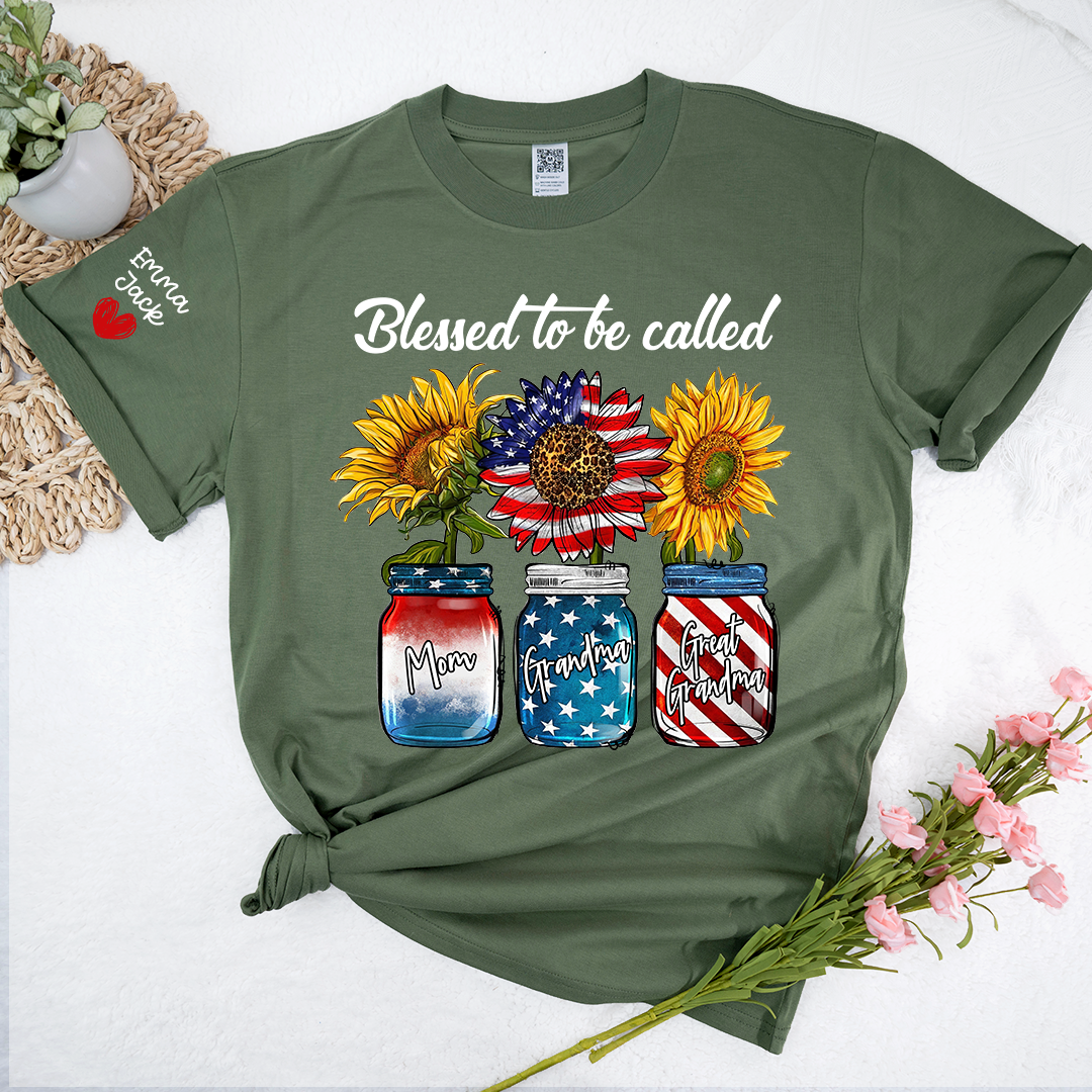 Blessed to be Called Nana Shirt, Custom Family T-Shirt with Sunflower and Flag Design, Give Family