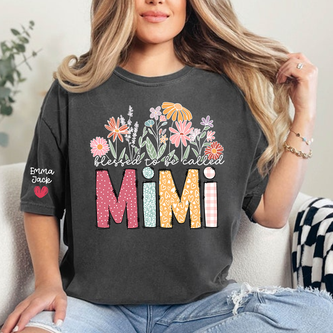 Blessed to Be Called Mimi Shirt Personalized with Grandkids Names, Floral Design