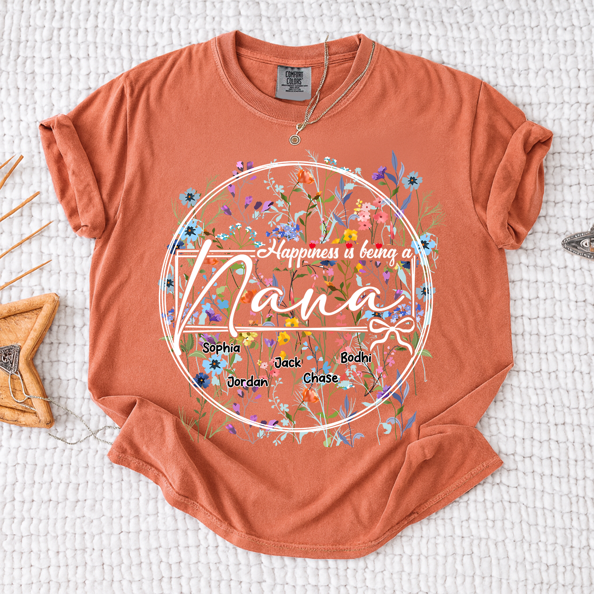 Comfort Colors® Happiness is Being a Nana - Personalized Floral Shirt with Kids’ Names, Ideal Gift for Nana
