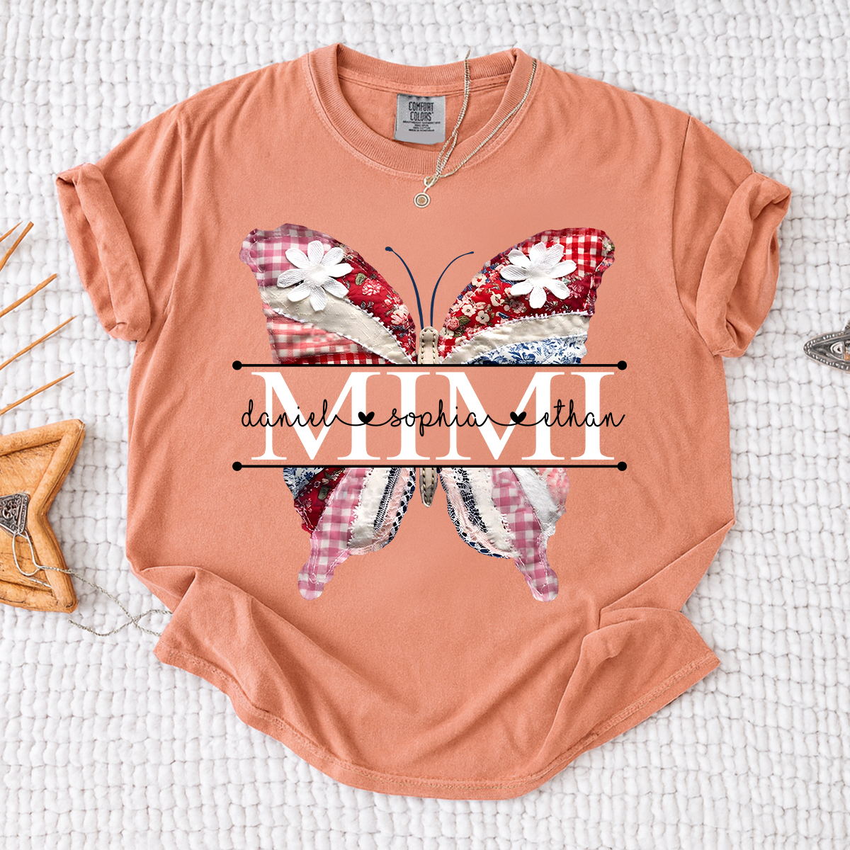Comfort Personalized Mimi Shirt with Grandkids Names, Colorful Patchwork Butterfly Design Family Tee