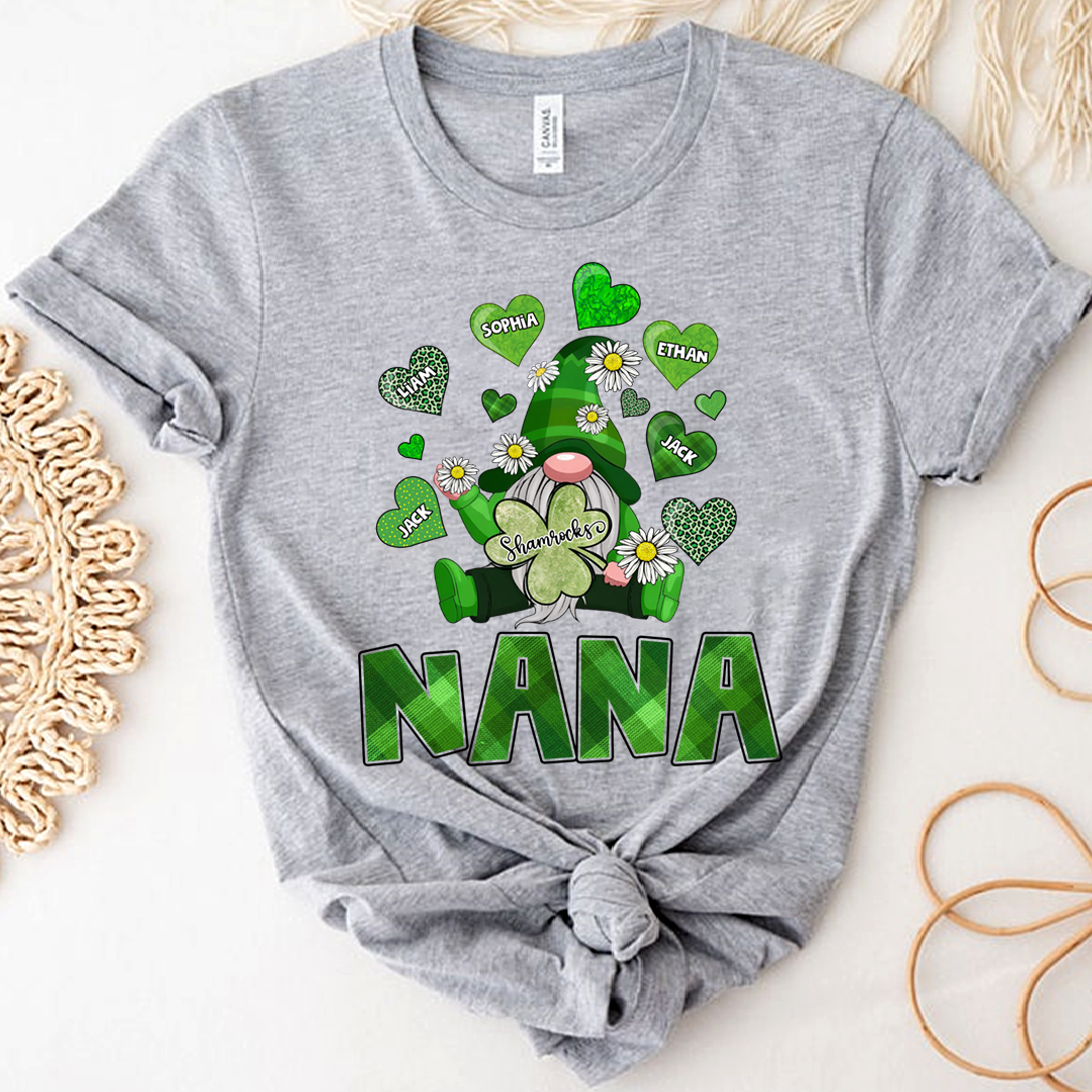 Nana Shamrock Shirt for St Patrick’s Day, Personalized Family Gnome T Shirt, for Grandma and Kids
