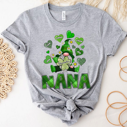 Nana Shamrock Shirt for St Patrick’s Day, Personalized Family Gnome T Shirt, for Grandma and Kids