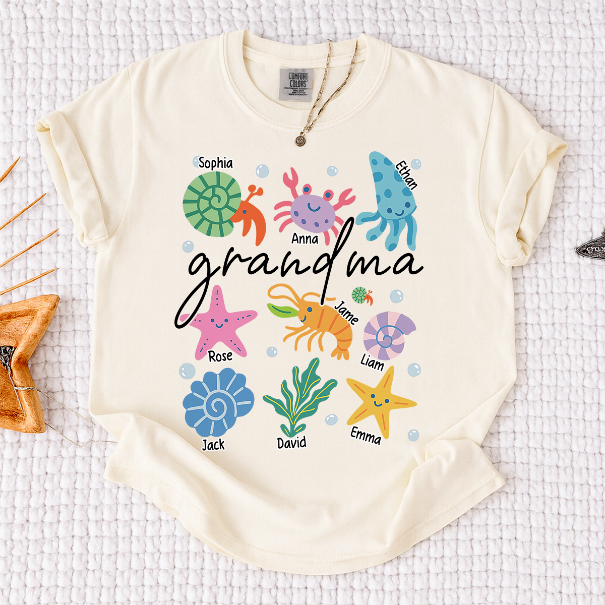 Comfort Colors® Personalized Grandma Sea Animals Shirt, Custom Grandkids Names Tee, Coastal Grandma Ocean Life T Shirt, Beach Gift for Grandma