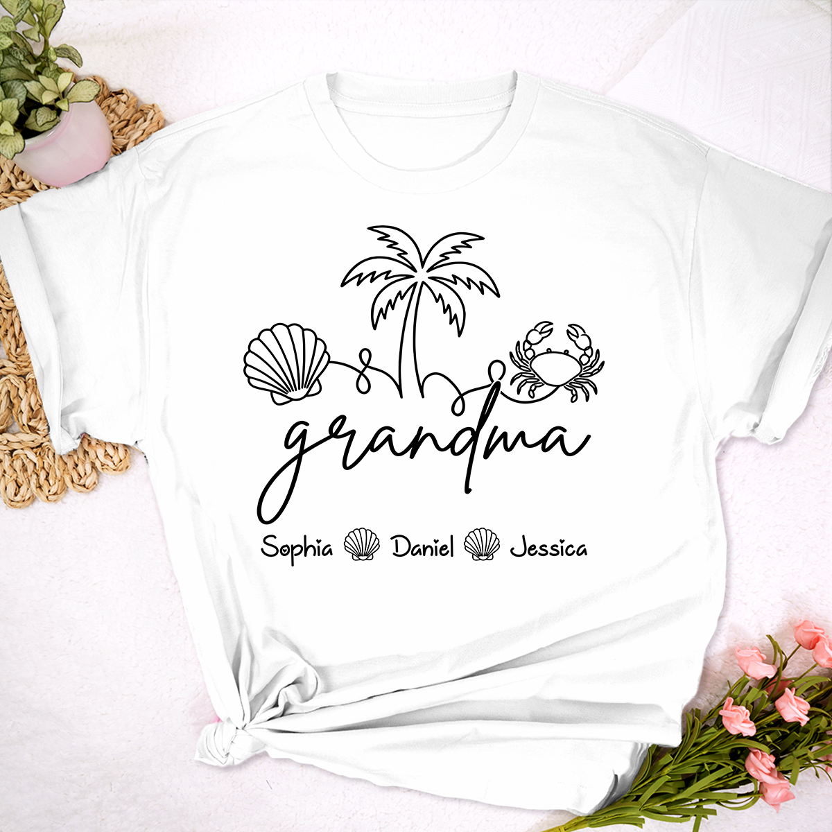 Personalized Grandma Beach Shirt with Grandkids Names, Coastal Palm Tree and Seashell Tee, Custom Summer Family Gift for Grandma