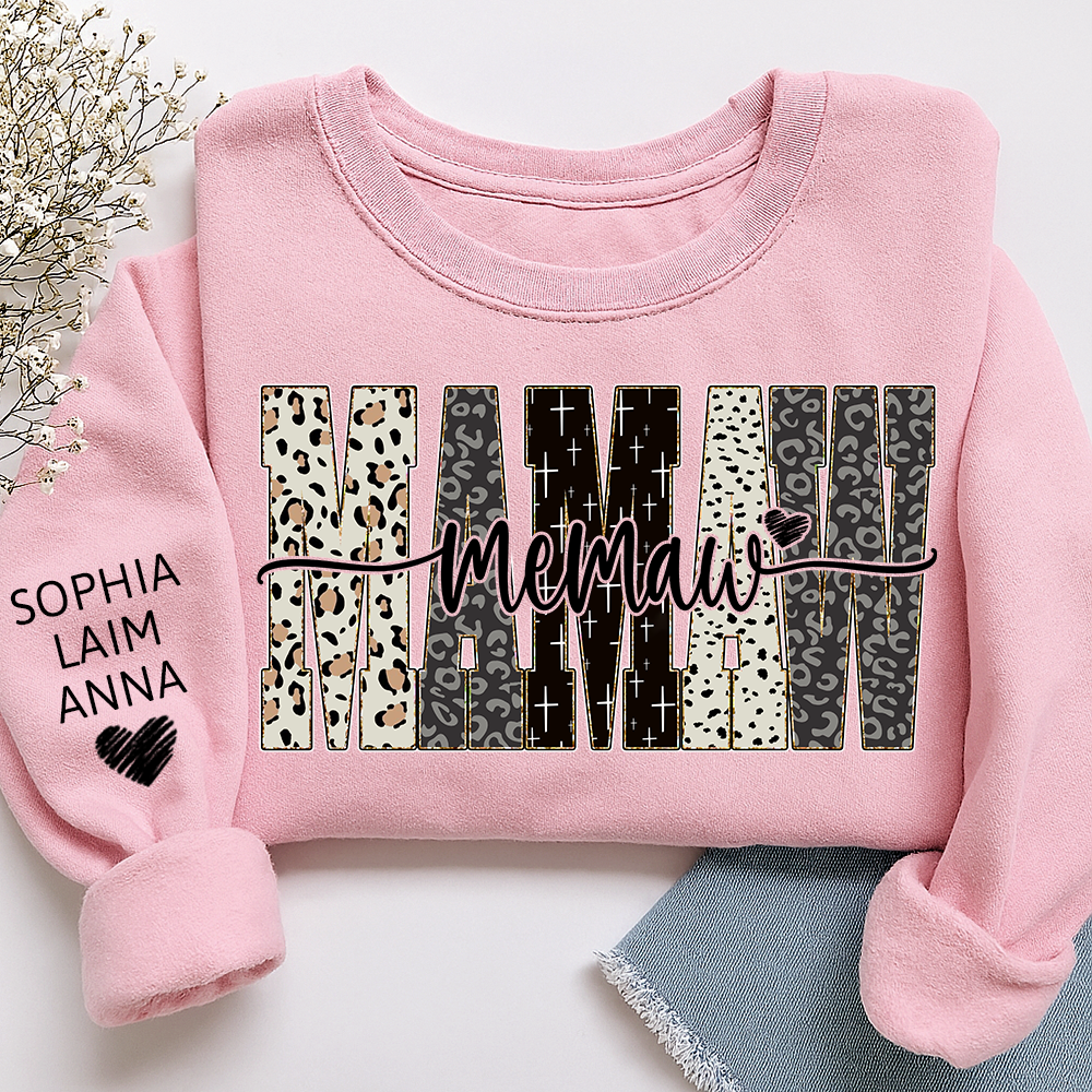 Personalized Memaw Leopard Sweatshirt – Custom Bible Style Design, Unique Gift for Grandma and Her Grandkids