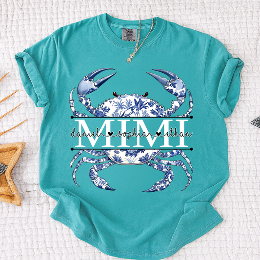 Comfort Colors® Personalized Mimi Shirt, Blue Ocean Crab Graphic Tee, Custom Grandkids Names T Shirt, Cute Coastal Family Gift