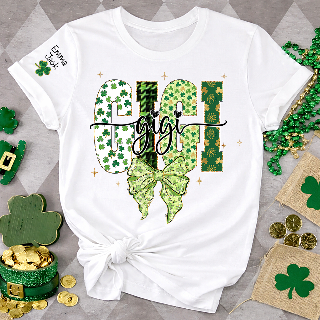 Gigi St Patrick’s Day Shirt, Shamrock Bow Green Family,T-Shirt For Gift Grandma And Kids