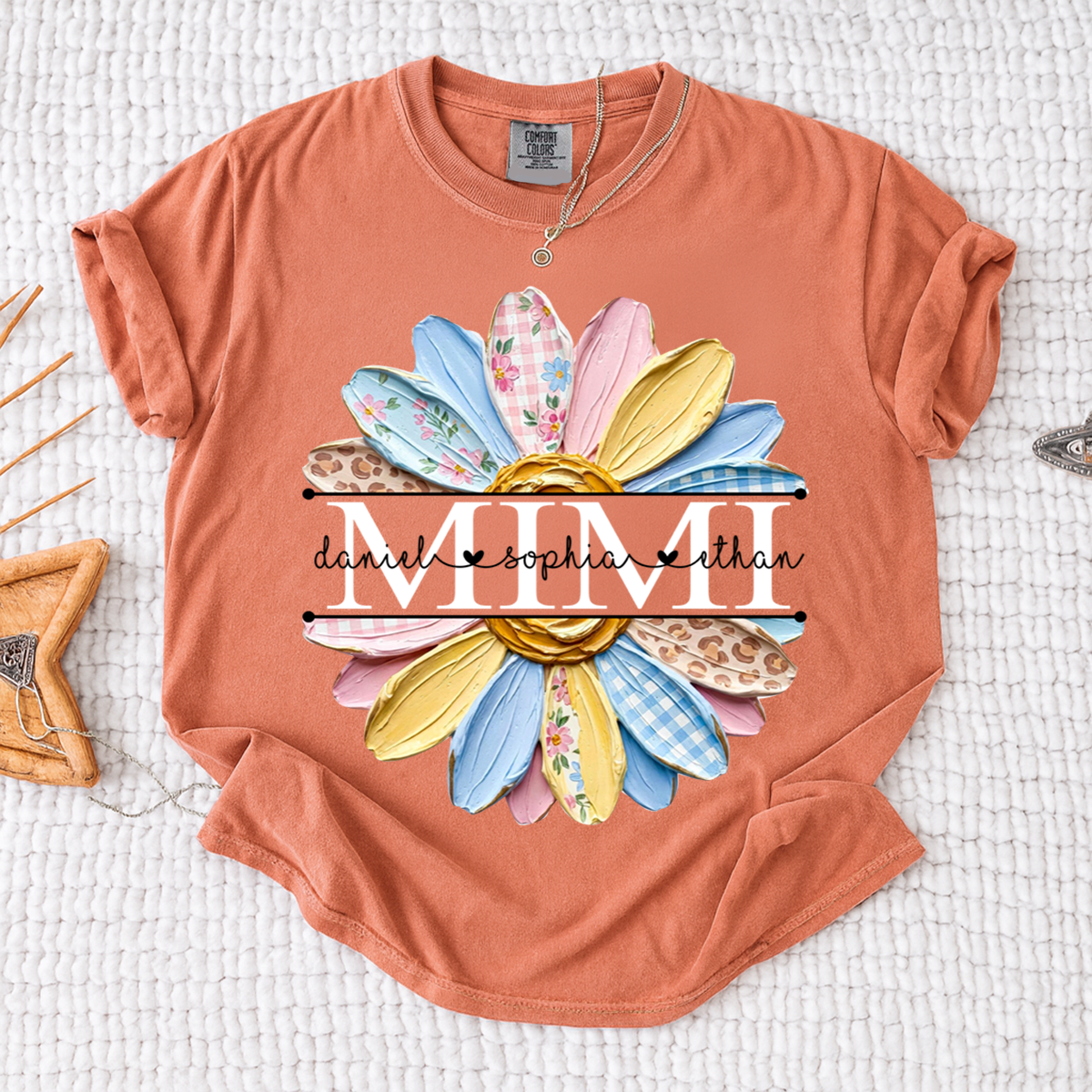 Comfort Mimi Floral Shirt, Custom Grandkids Names with Colorful Patchwork Daisy Design