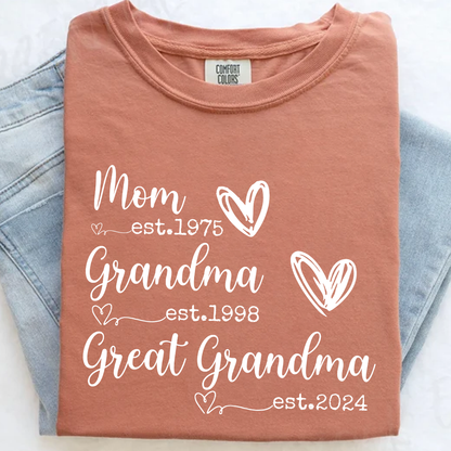 Personalized Grandma Shirt Mom Grandma Great Grandma Est Year Design, Custom Family Generation Shirt With Names or Years, Meaningful Family Keepsake Apparel for Women