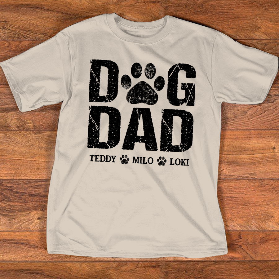 Custom Dog Dad T Shirt, Paw Print Design, Personalized with Dog Names, Perfect Gift for Dog Lovers