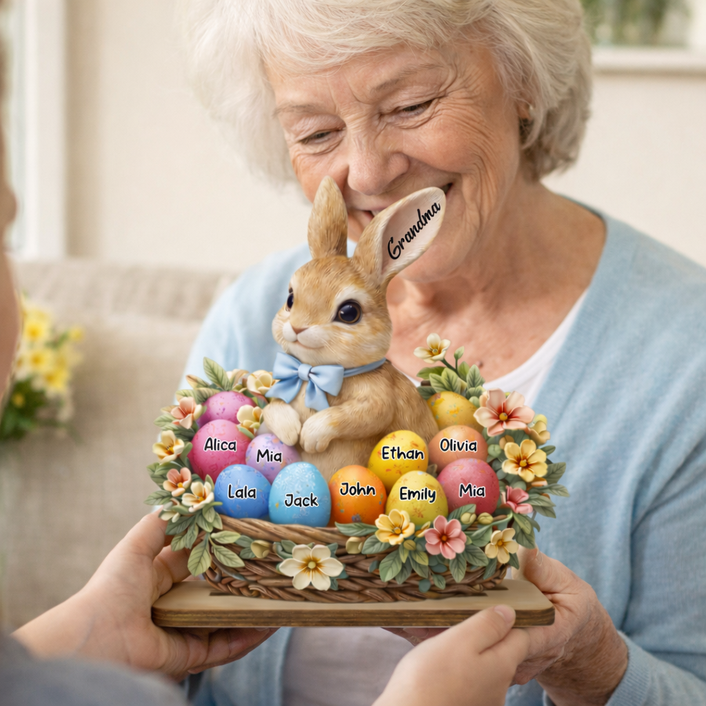 Personalized Easter Bunny Basket Wooden Plaque - Custom Grandkids' Names, "Grandma" Easter Decor with Floral and Egg Design