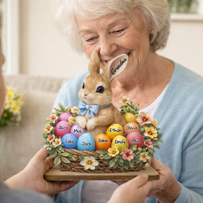Personalized Easter Bunny Basket Wooden Plaque - Custom Grandkids' Names, "Grandma" Easter Decor with Floral and Egg Design
