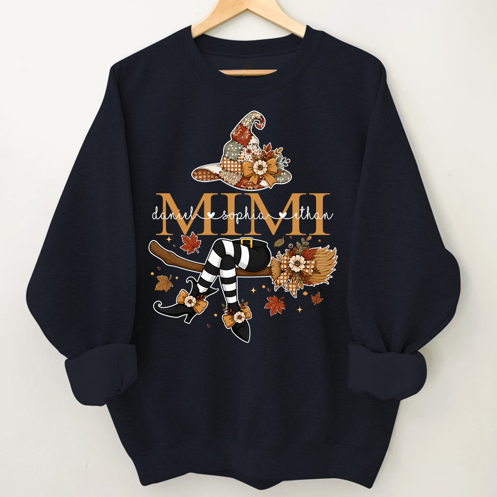 Personalized Halloween Mimi Sweatshirt, Witch Hat Pumpkin Floral Sweatshirt, Custom Kids Names Grandma Fall Outfit
