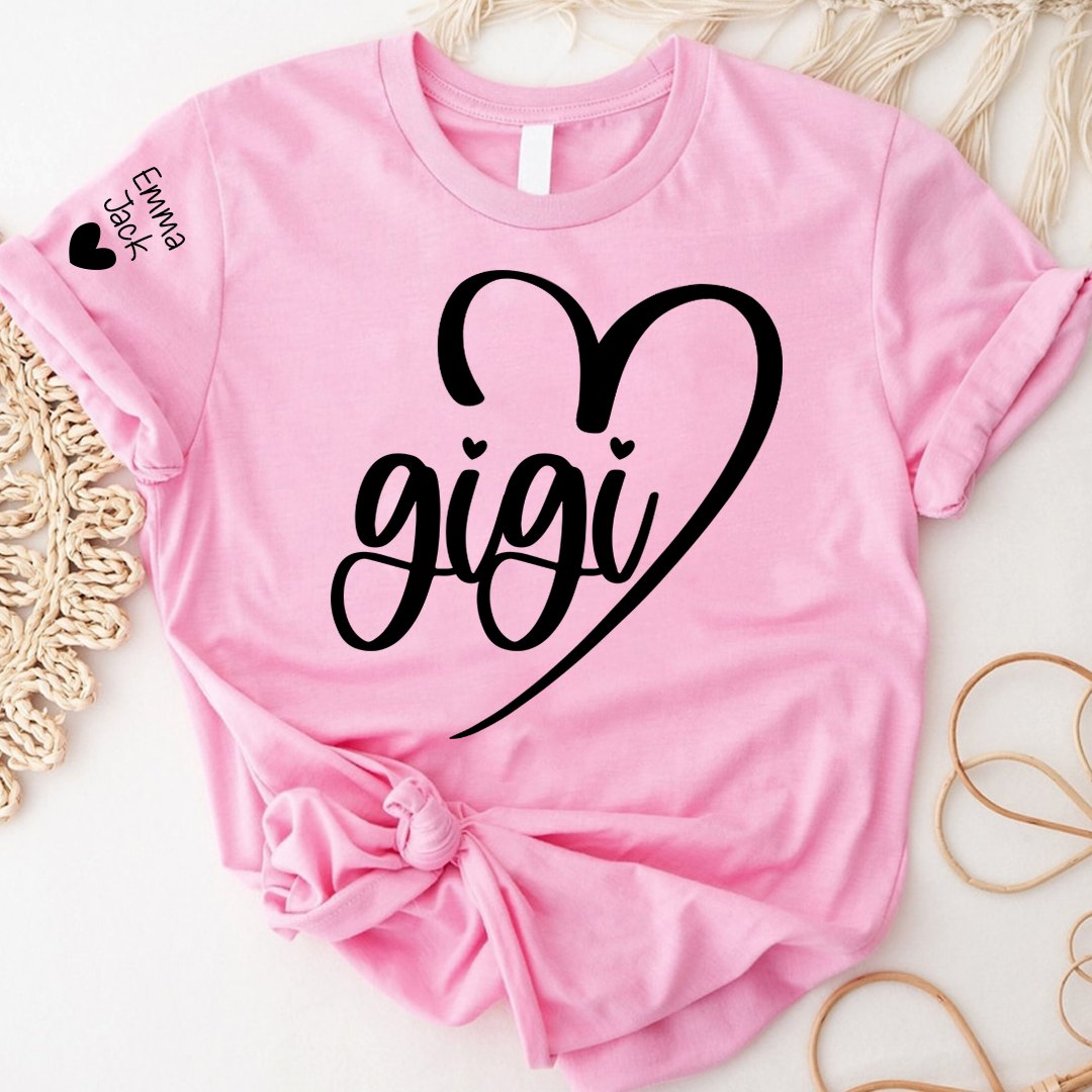 Personalized Gigi Shirt for Grandma, Custom Family T-Shirt with Heart Design and Custom Names