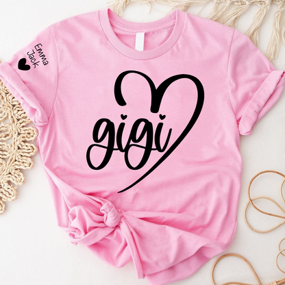 Personalized Gigi Shirt for Grandma, Custom Family T-Shirt with Heart Design and Custom Names