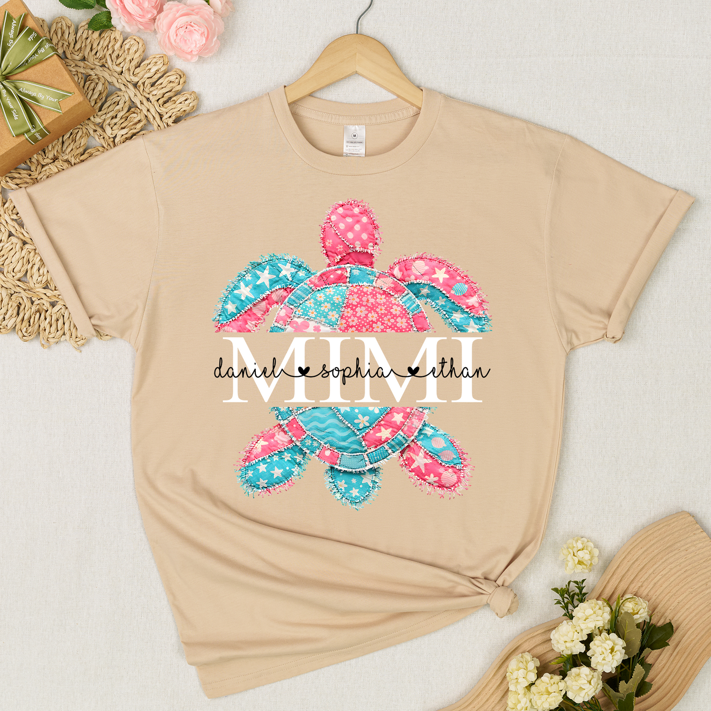Custom Mimi T Shirt with Grandchildren Names, Colorful Patchwork Sea Turtle Graphic Tee, Beach Lover Gift for Women