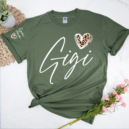 Personalized Gigi Heart Leopard Print T-shirts Custom Family T-Shirt with Heart Shape and Name