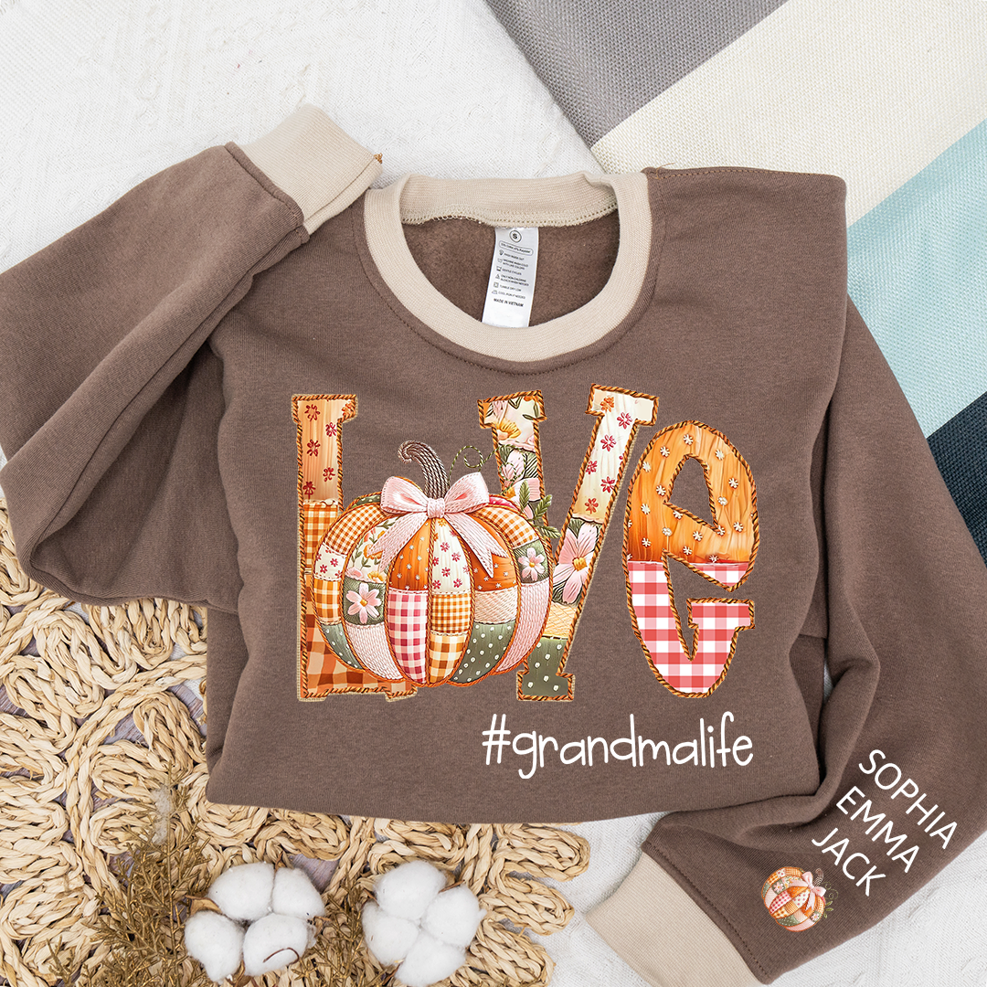 Personalized Love Grandmalife Pumpkin Patchwork Fall with Grandkids Names, Holiday Design, Cozy Family Gift for Grandma Sweatshirt Mix