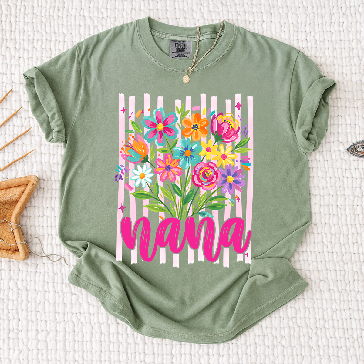 Comfort Colors® Custom Striped Wildflowers Nana Shirt, Trendy Ditsy Floral Gift for Grandma And Kids