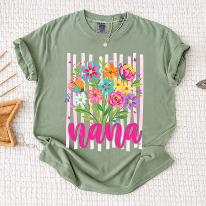 Comfort Colors® Custom Striped Wildflowers Nana Shirt, Trendy Ditsy Floral Gift for Grandma And Kids
