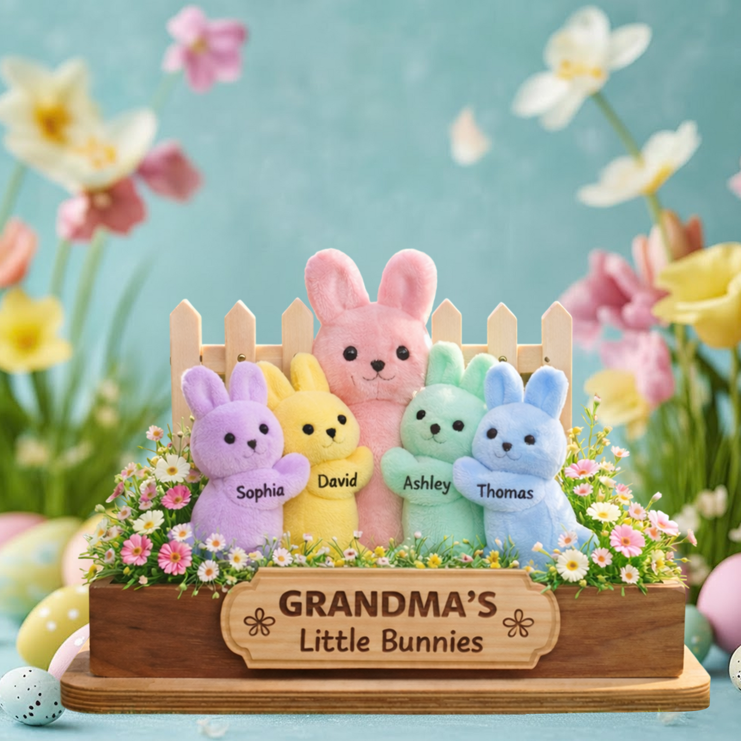 Personalized Easter Wooden Plaque - "Grandma's Little Bunnies" with Custom Grandkids' Names, Plush Bunny and Floral Design