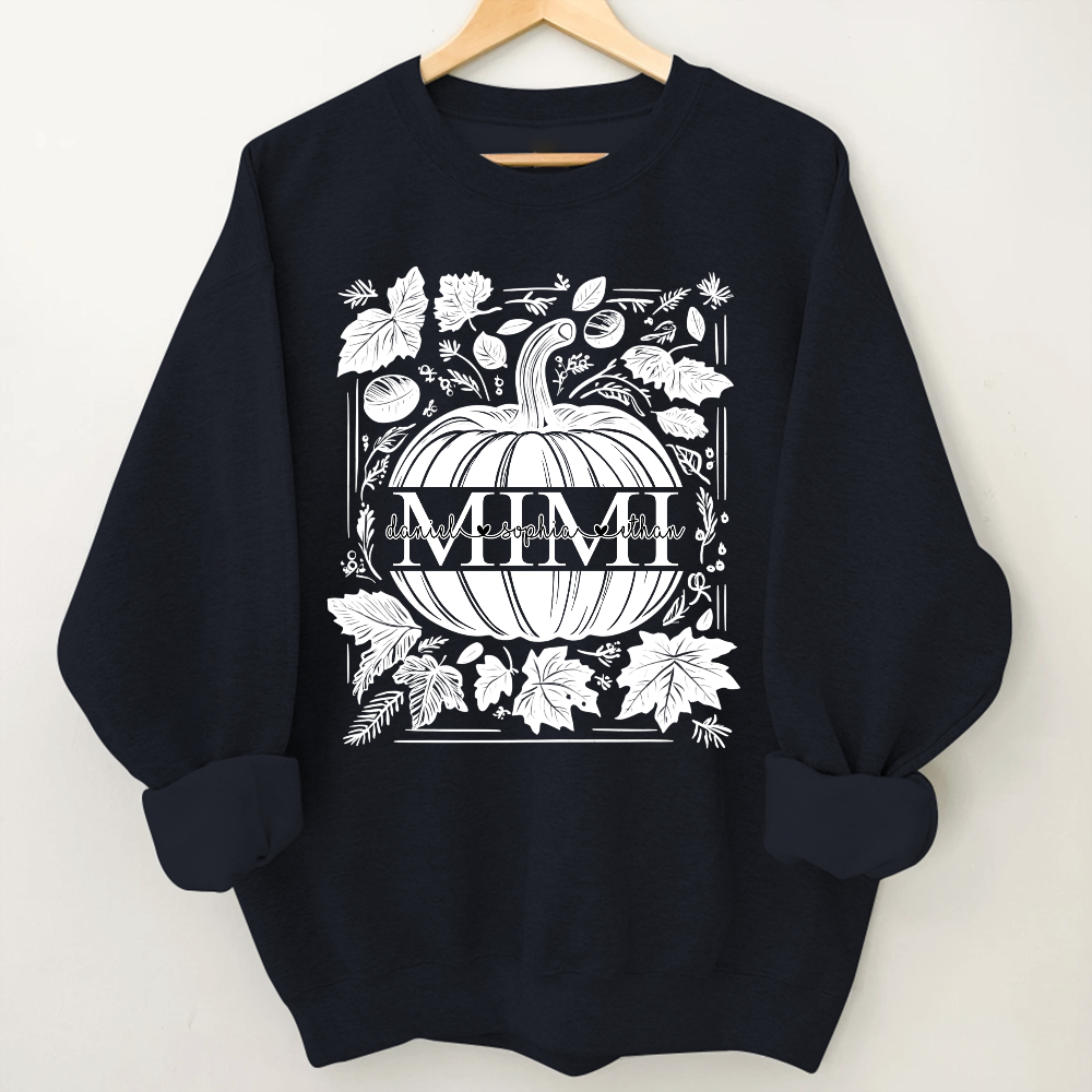 Custom Mimi Autumn Sweatshirt, Pumpkin and Leaf Design with Grandkids Names, Personalized Grandma Fall Apparel