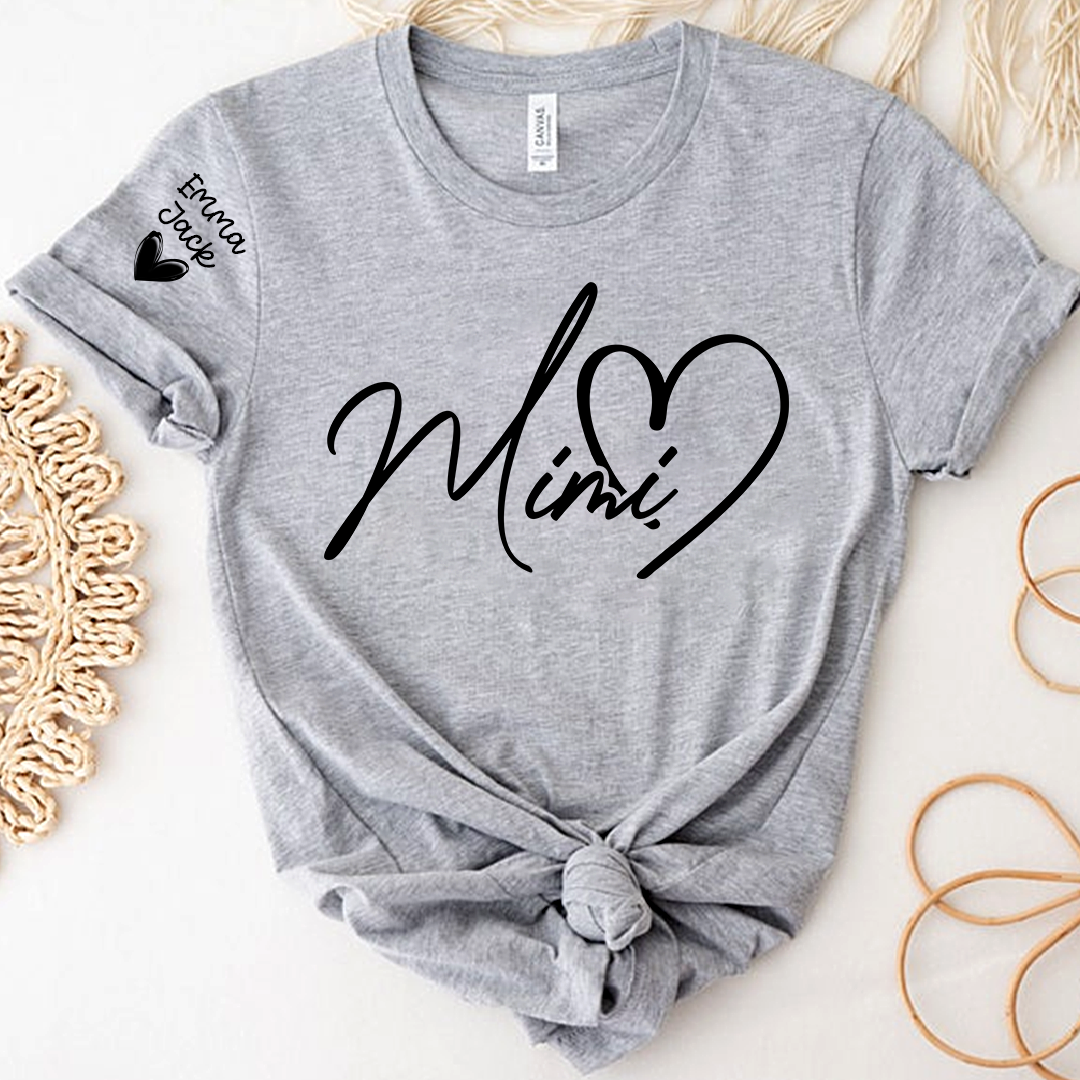 Personalized Family Mimi T Shirt with Custom Names, Simple Script Heart Design