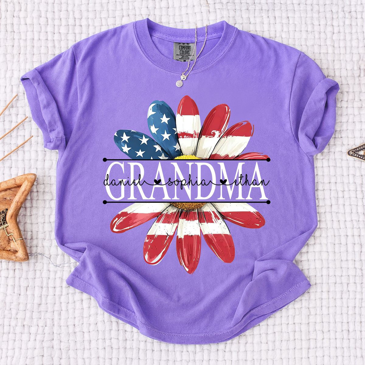 Comfort Colors Personalized Grandma Monogram Shirt, Custom Family Names Patriotic Flower T-Shirt