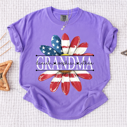 Comfort Colors Personalized Grandma Monogram Shirt, Custom Family Names Patriotic Flower T-Shirt