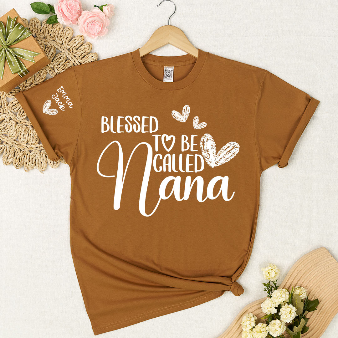 Blessed To Be Called Nana Personalized T-Shirt, Custom Name Nana Tee with Heart Graphic