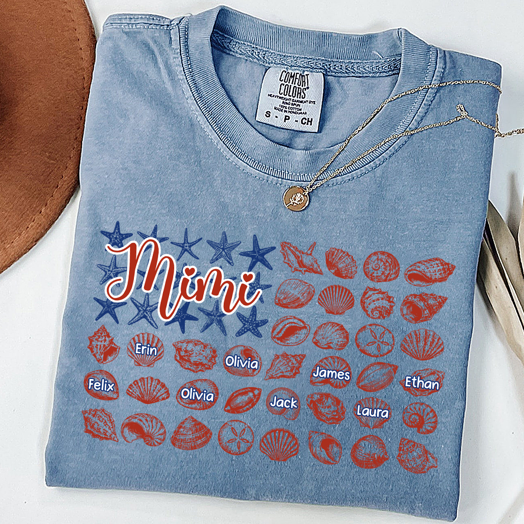 Comfort Colors Custom Mimi Shirt with Kids Names, Personalized Beach Shells Grandma Tee, Summer Family Vacation Gift for Grandmother