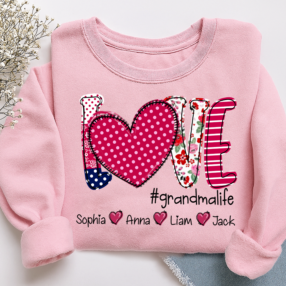 Love Grandma Shirt, Heart Patchwork Sweatshirt with Kids’ Names